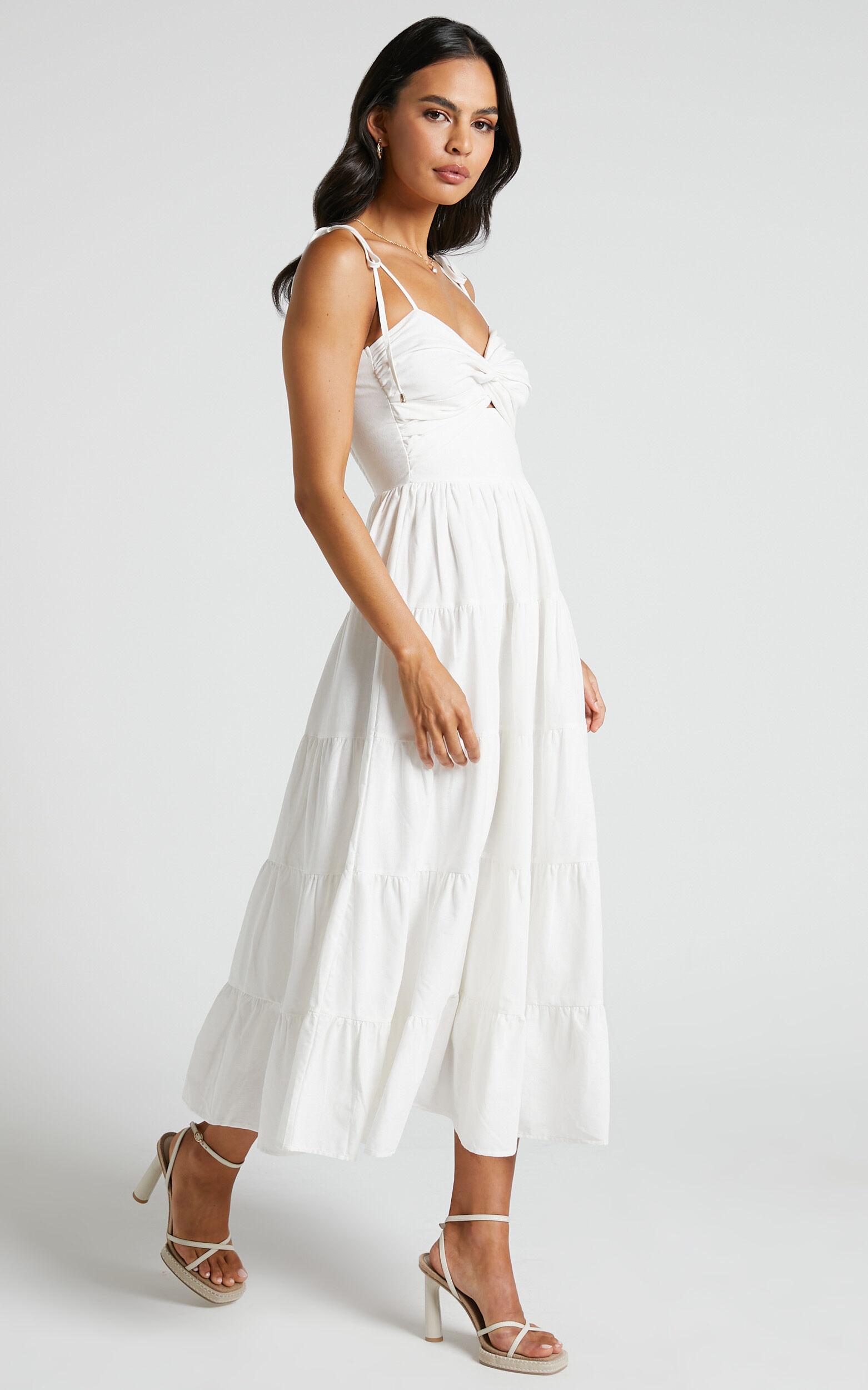 Leticia Midi Dress - Twist Front Tie Strap Tiered Dress in Off White Product Image
