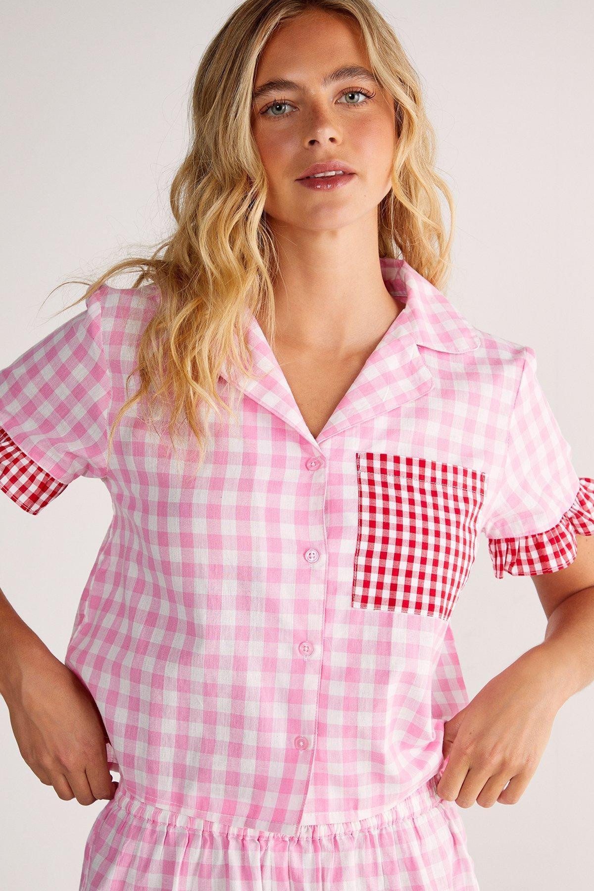 Gingham Contrast Ruffle Pajama Shorts Set Product Image