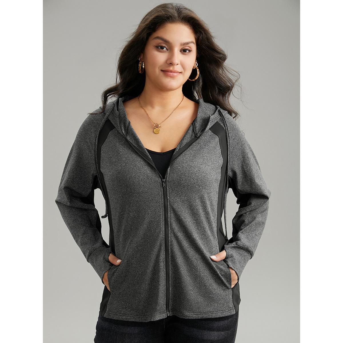 Plus Size Contrast Drawstring Zipper Hooded Jacket Women DimGray Contrast Pocket Dailywear Jackets BloomChic 30/6X Product Image