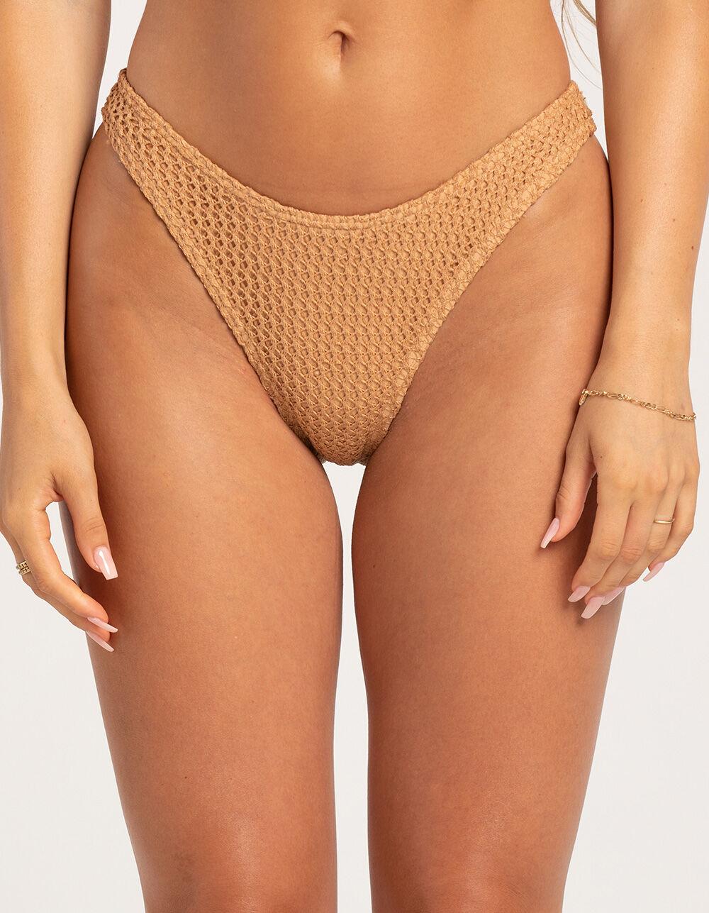DAMSEL Texture Crochet High Leg Bikini Bottoms - TAN Product Image