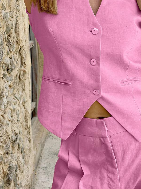 High Waisted Loose Pleated Solid Color Split-Joint V-Neck Two Pieces Set Product Image