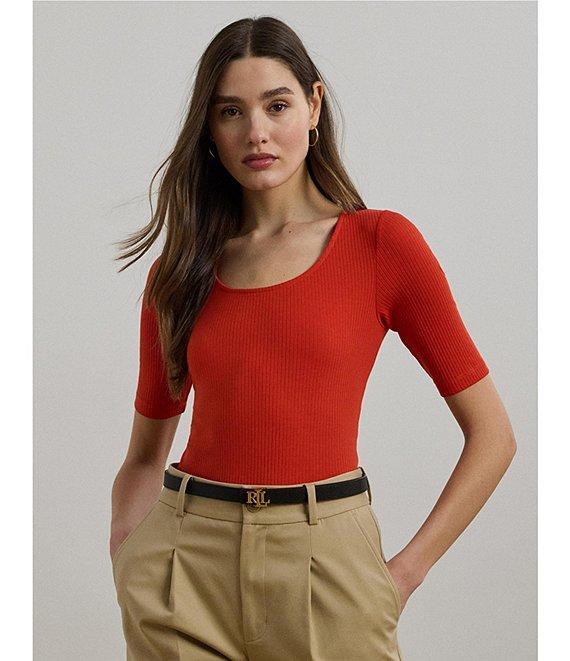 Lauren Ralph Lauren Cotton Blend Rib-Knit Scoop Neck Elbow Sleeve Tee Product Image