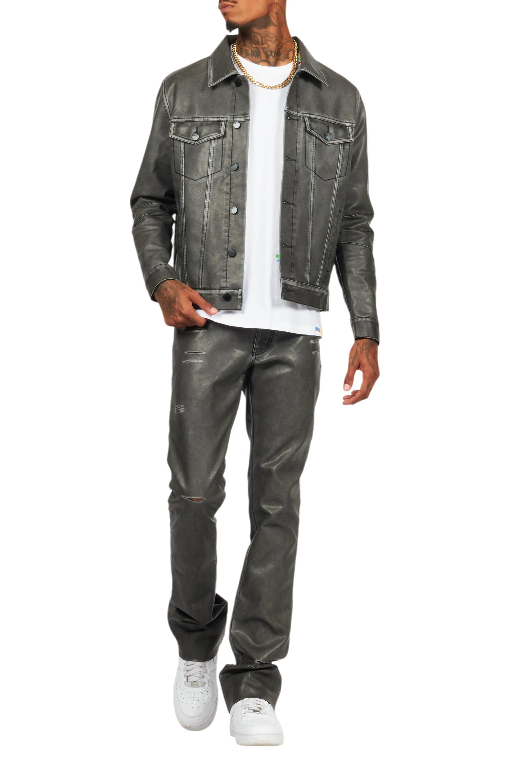 Deco Black Distressed PU Stacked Flare Jean Male Product Image