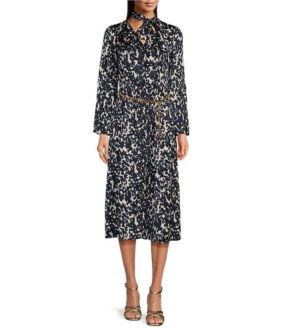 MICHAEL Michael Kors Crinkled Satin Bell Sleeve Tie Neck Chain Belted Midi Dress Product Image