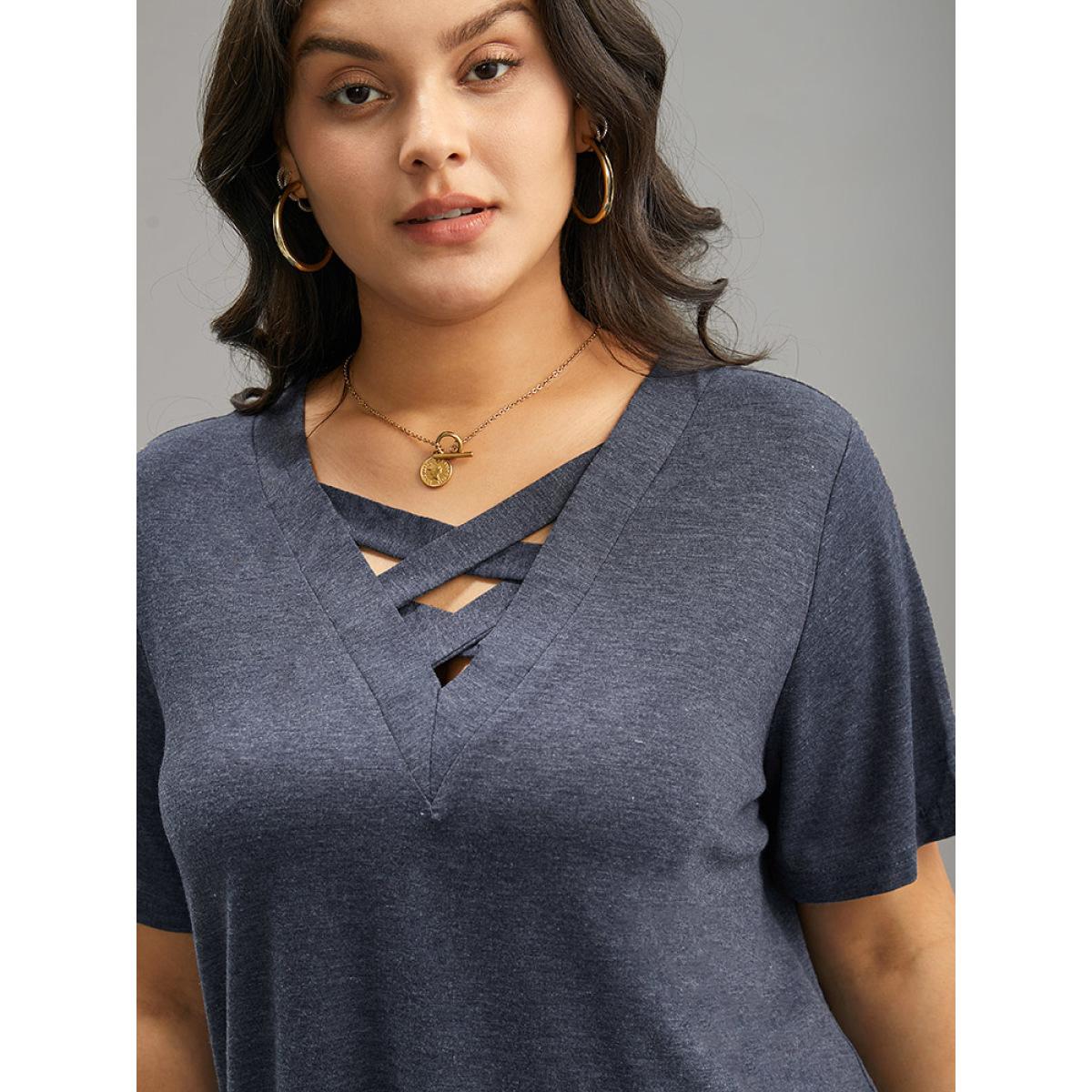 Plus Size Plain Heather Crisscross V Neck T-shirt Blue Women Casual Heather Plain V-neck Dailywear T-shirts BloomChic 18-20/2X Product Image