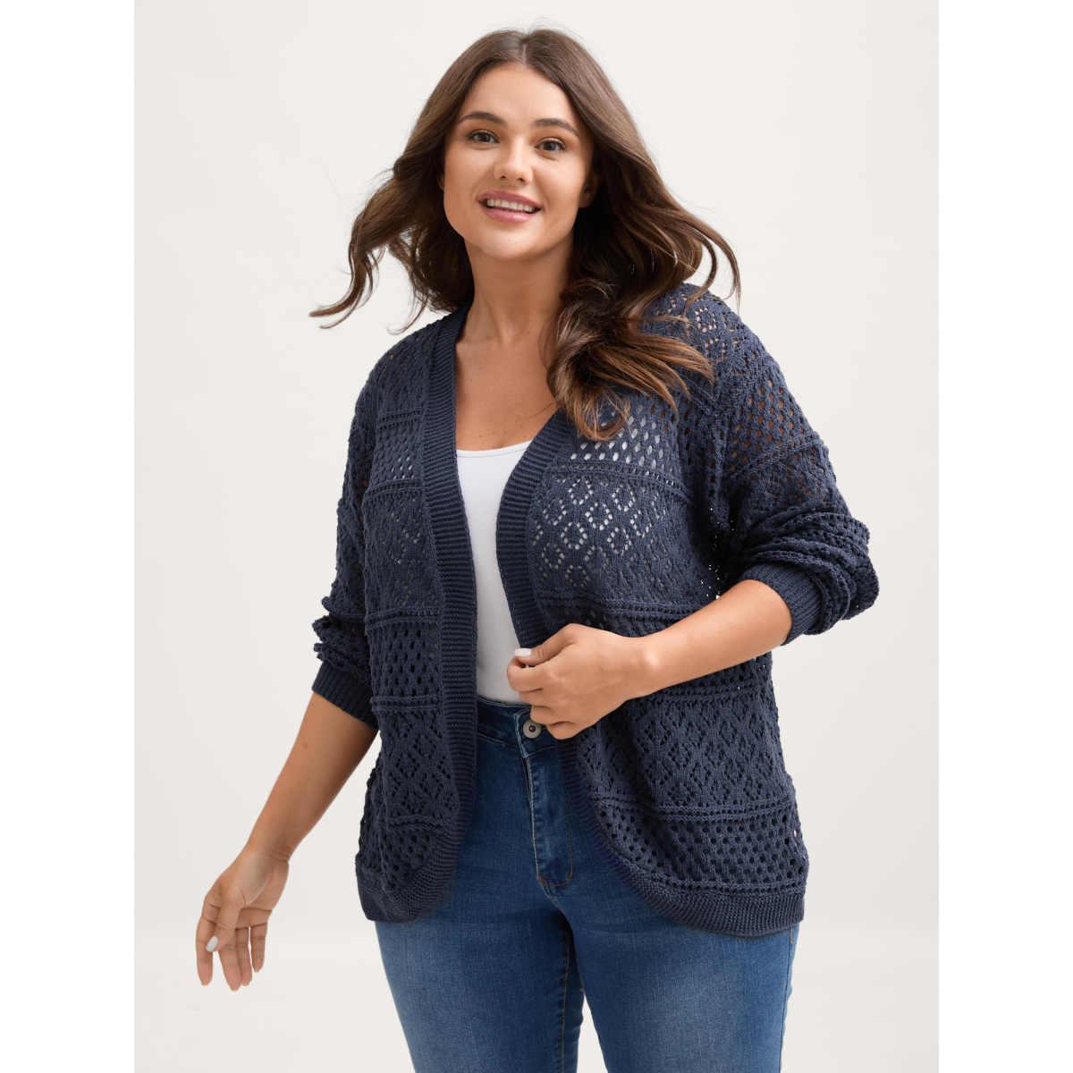Plus Size Textured Cut-Out Arc Hem Lightweight Cardigan Indigo Women Leisure Loose Long Sleeve Casual Cardigans BloomChic 26/4X Product Image