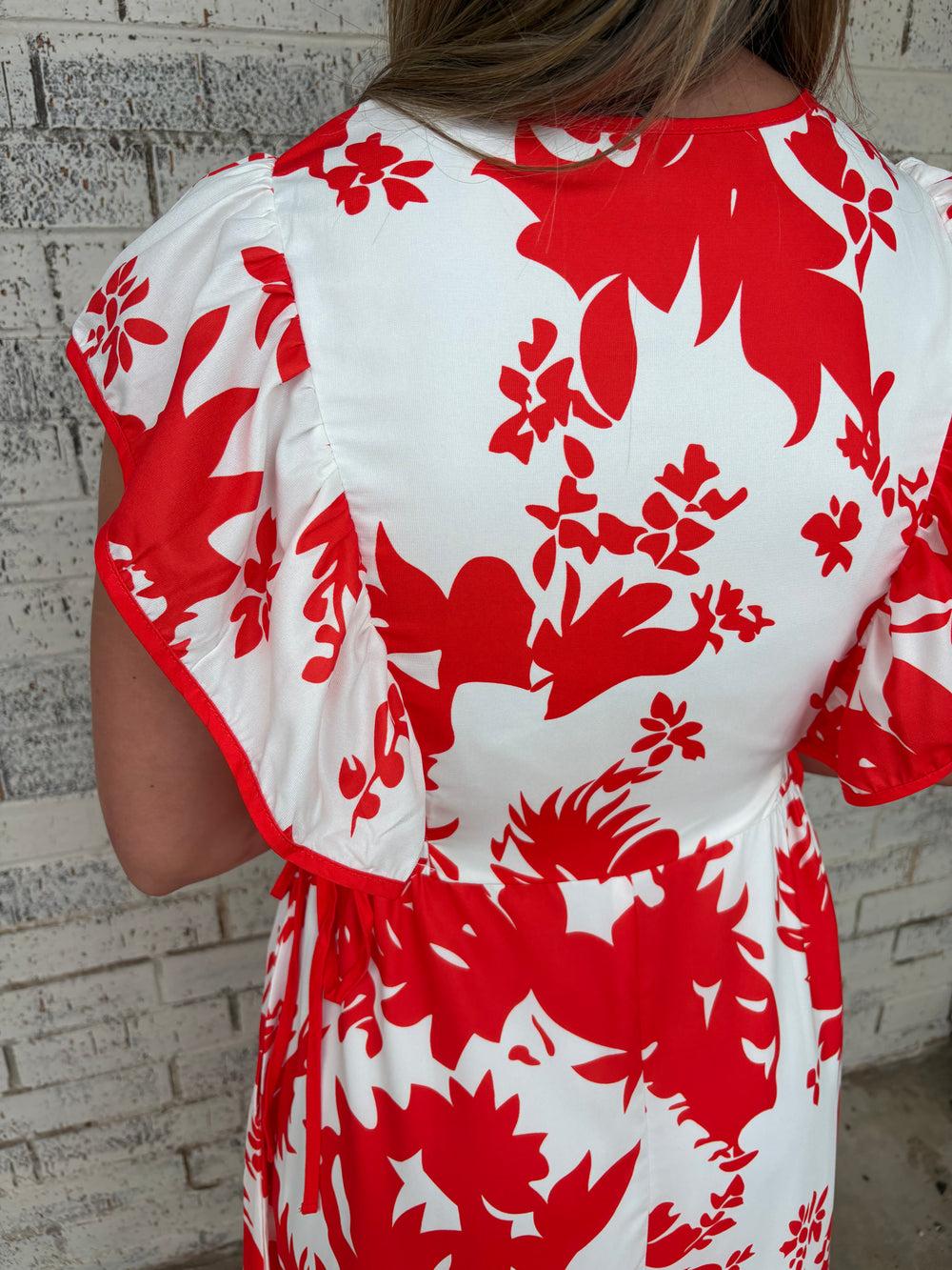 Floral Trimmed V-Neck Ruffle Sleeve Long Dress Product Image