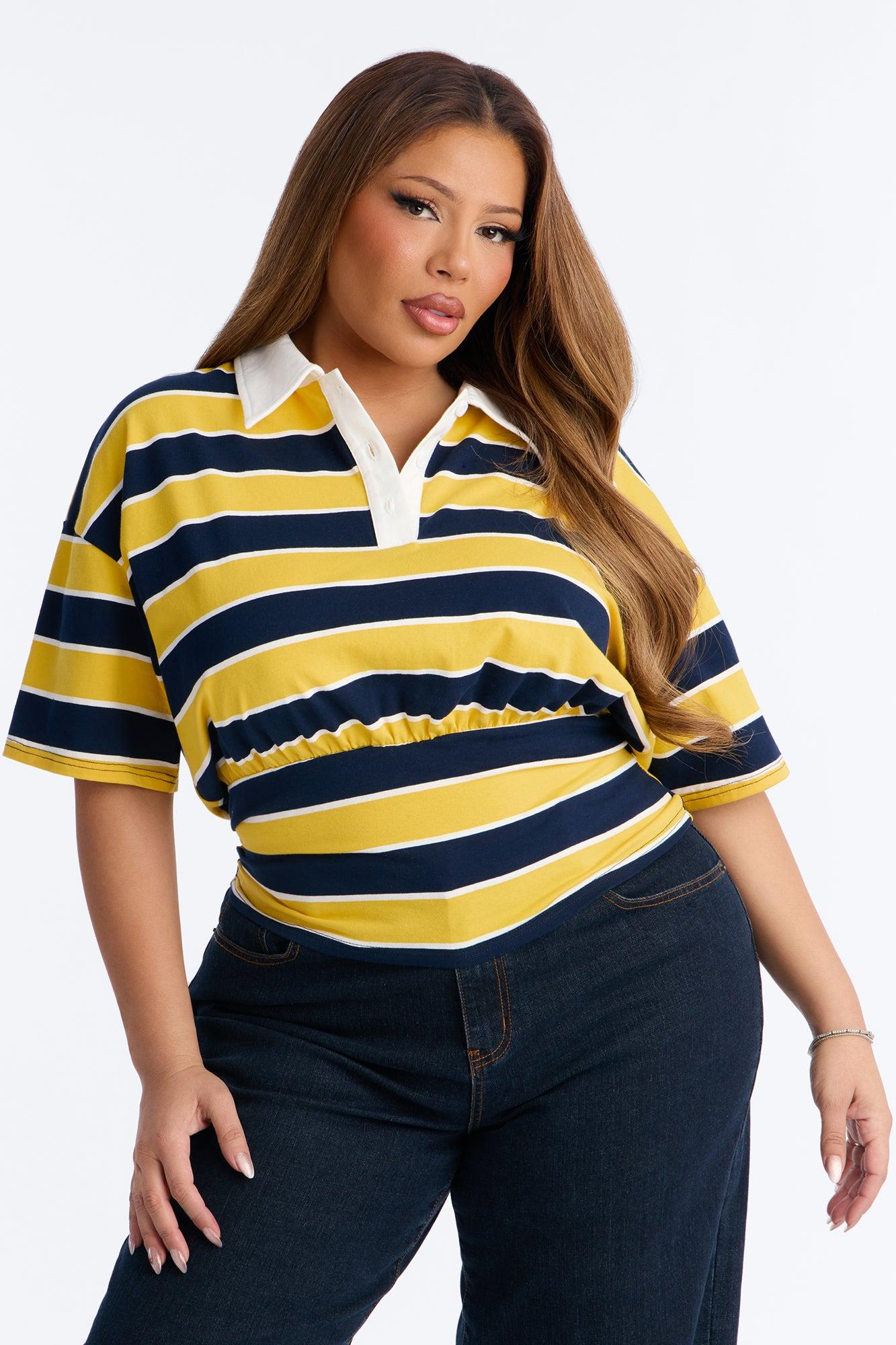 Caroline Striped Sinched Waist Short Sleeve Polo - Yellow/combo Female Product Image
