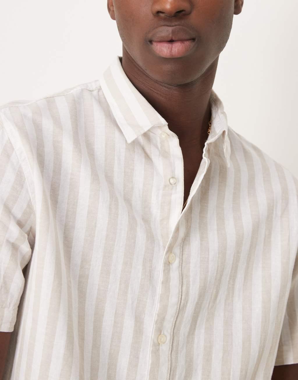 Selected Homme linen blend short sleeve shirt in cream stripe Product Image
