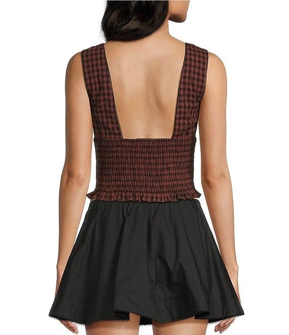 NIA Bleu Checker Sleeveless V-Neck Smocked Top Product Image