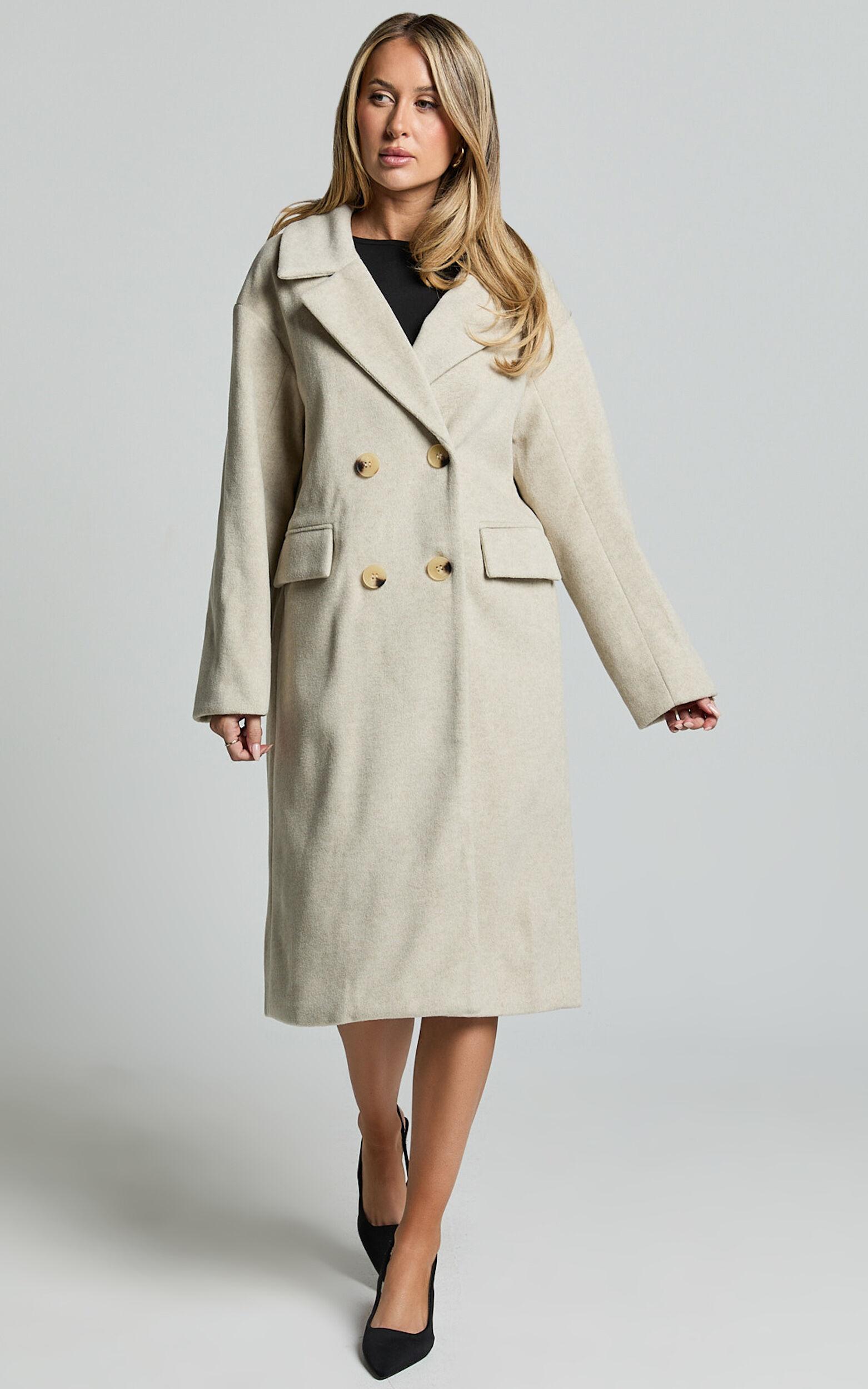 Libee Coat - Double Breasted Longline Coat in Oatmeal Product Image