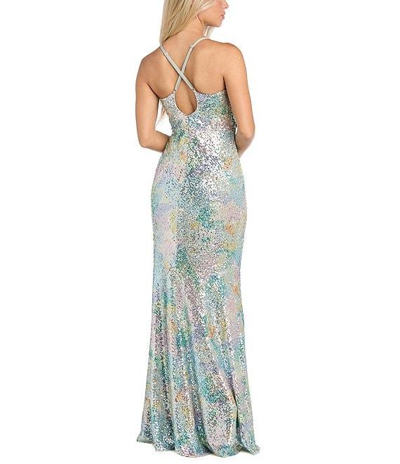 Morgan & Co. Printed Sequin Drape Cowl Neck Cross Cross Back Dress Product Image