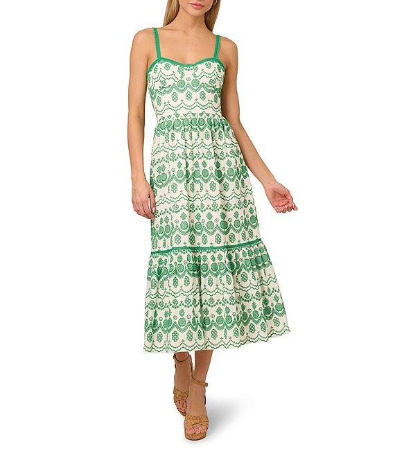 Adrianna by Adrianna Papell Eyelet Printed Sweetheart Neck Sleeveless A-Line Midi Dress Product Image