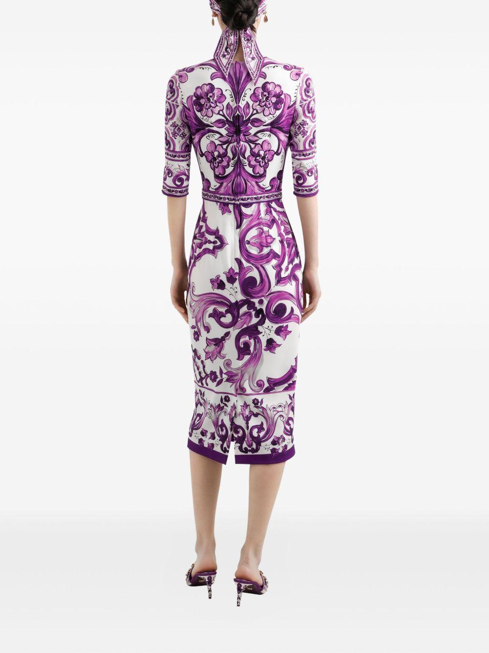 DOLCE & GABBANA Violet Crewneck Dress With Rear Zip Closure And All-over Floral Print In Silk Stretch Woman In Purple Product Image