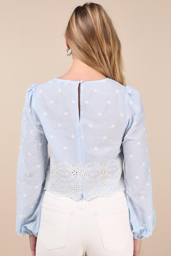 Mavery Light Blue Eyelet Embroidered Long Sleeve Top Product Image