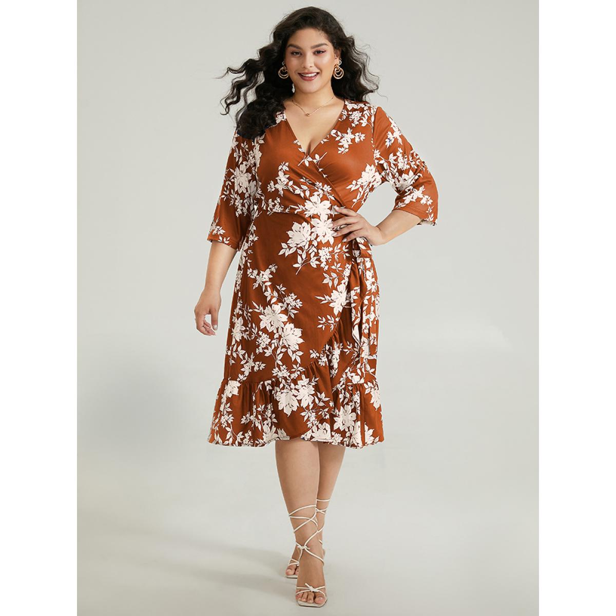 Plus Size Silhouette Floral Print Ties Wrap Dress Rust Women Elegant Cross straps V-neck Elbow-length sleeve Curvy Midi Dress BloomChic 12/L Product Image