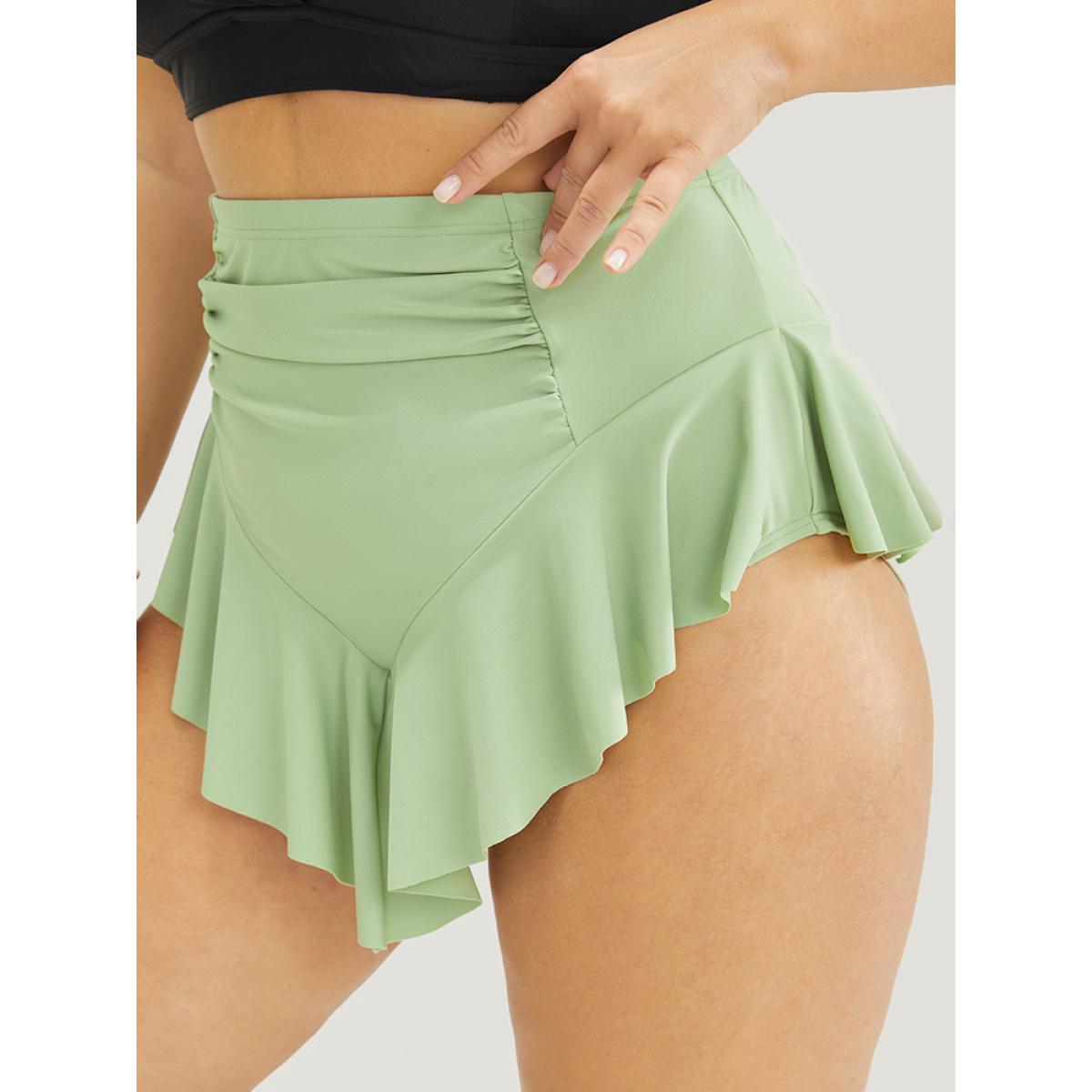 Plus Size Ruffle Trim Ruched Front Swim Bottom Women's Swimwear LightGreen Resort Non High stretch Bodycon High Rise Curve Swim Bottoms BloomChic 18-20/2X Product Image