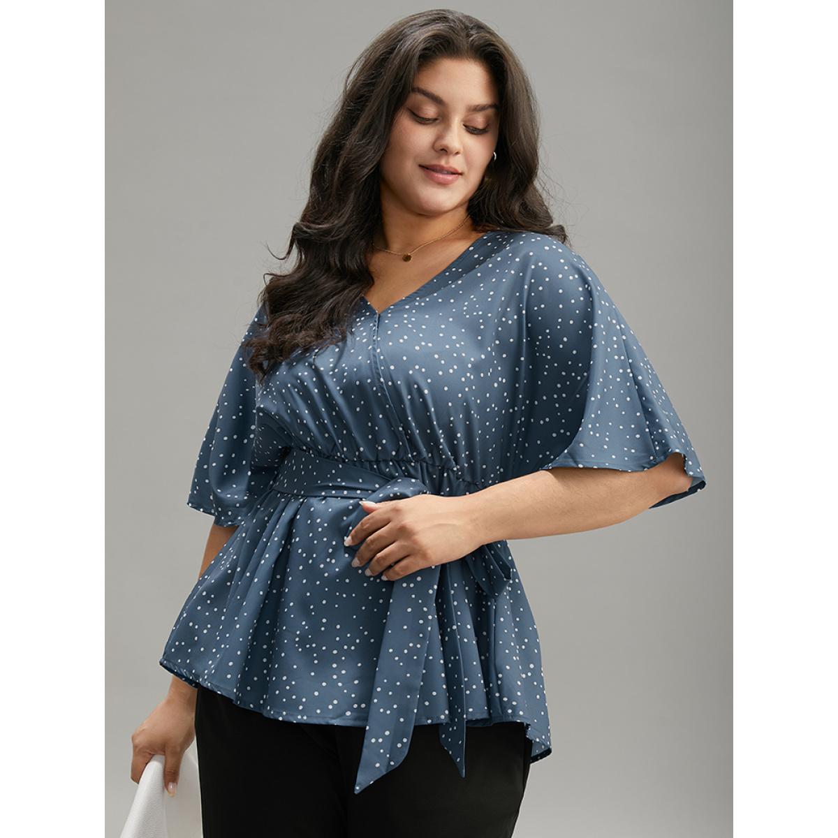 Plus Size Stone Polka Dot Flutter Sleeve Wrap Belted Blouse Women Office Short sleeve V-neck Work Blouses BloomChic 26/4X Product Image