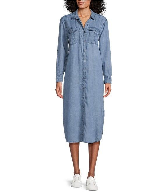 Westbound 3/4 Roll-Tab Sleeve Point Collar Button Front Chambray Midi Shirt Dress Product Image