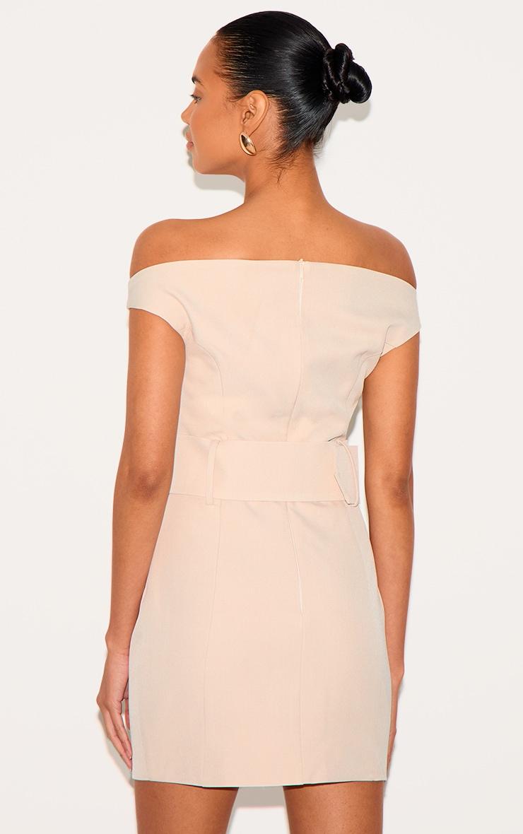 Almond Woven Off Shoulder Belt Detail Mini Dress Product Image