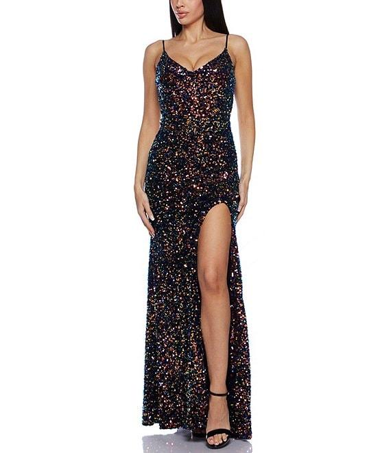 B. Darlin Velvet Embroidered Sequined V-Neck Spaghetti Strap Front Slit Dress Product Image