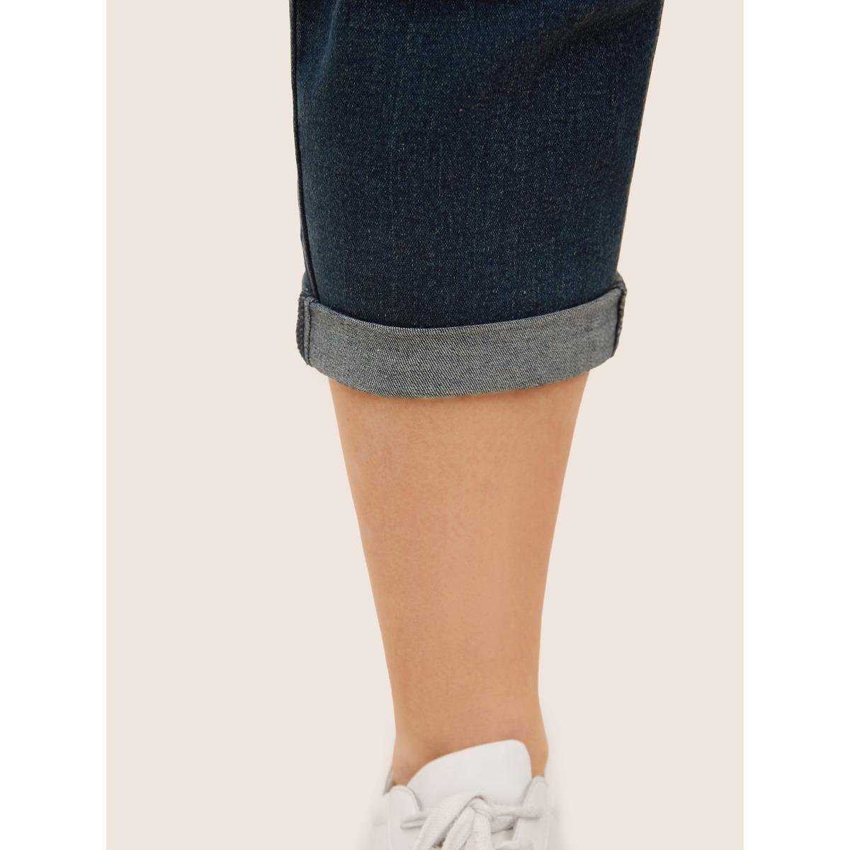 Plus Size Vintage Slanted Pocket Roll Hem Jeans Women DarkBlue Casual High stretch Slanted pocket Jeans BloomChic 22/3X Product Image