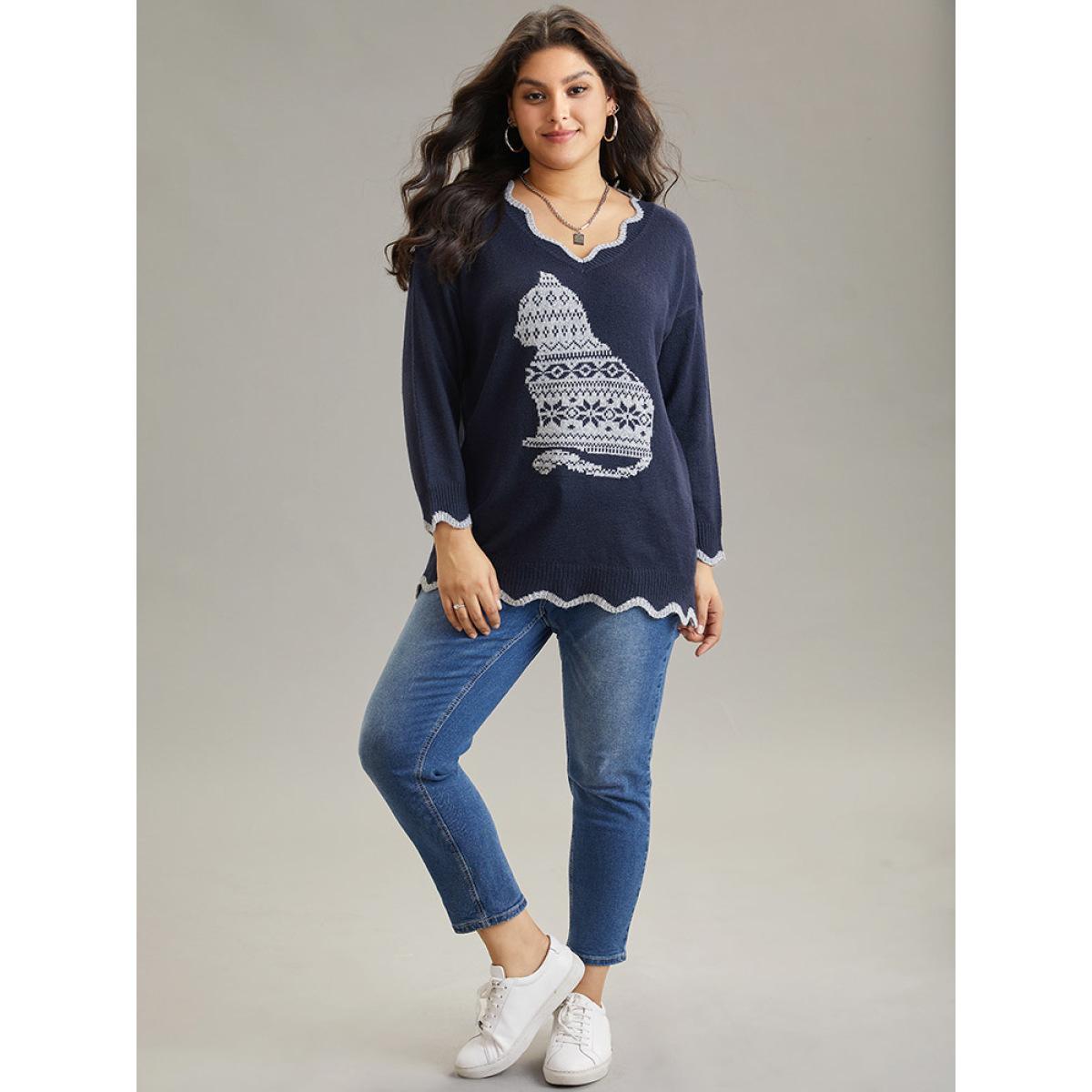 Plus Size Cat Graphic Scalloped Trim Pullover Midnight Women Casual Loose Long Sleeve V-neck Dailywear Pullovers BloomChic 26/4X Product Image
