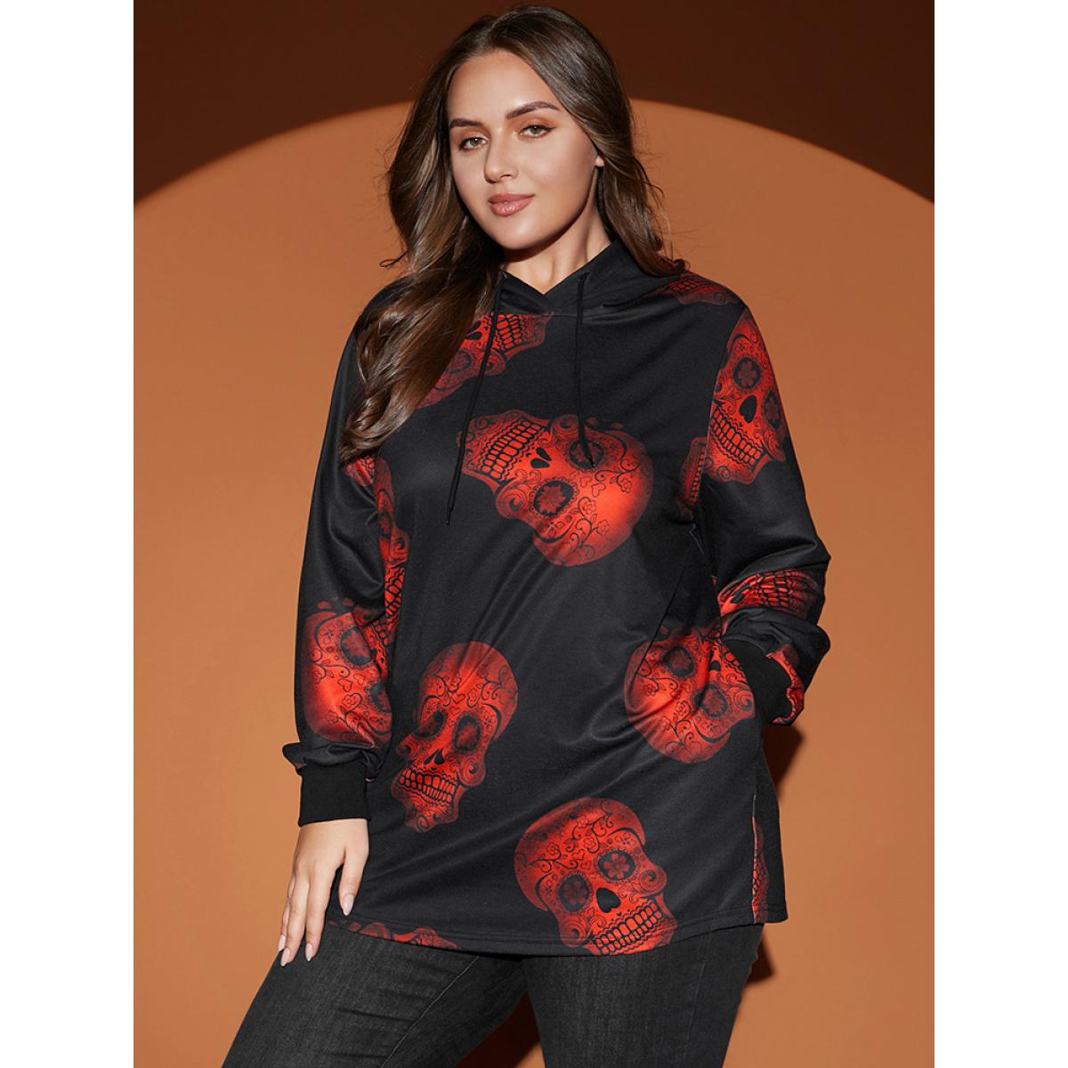 Plus Size Halloween Skull Print Pocket Drawstring Hooded Sweatshirt Women Black Casual Pocket Hooded Dailywear Sweatshirts BloomChic 14-16/1X Product Image