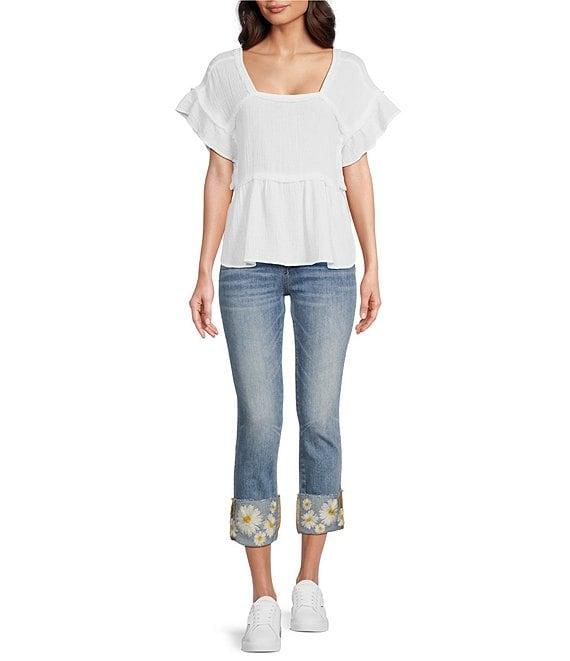 Driftwood Colette Stretch Denim Embroidered Daisy Cuffed Cropped Straight Leg Jeans Product Image