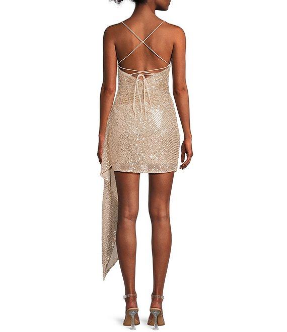 GB Social Ruched Sequin Asymmetrical Hem Tie Back Mini Dress Product Image