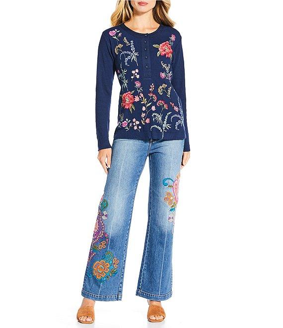 JOHNNY WAS Mayra Floral Embroidered Textured Knit Round Neck Long Sleeve Henley Top Product Image