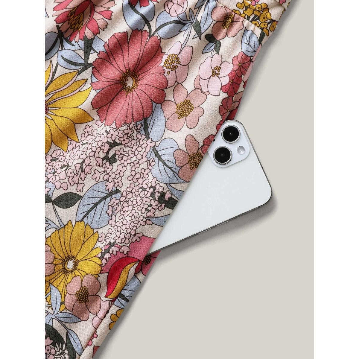 Plus Size Vibrant Floral Print Pleated Waist Midi Dress Blush Women V-neck Short sleeve Curvy BloomChic 26/4X Product Image