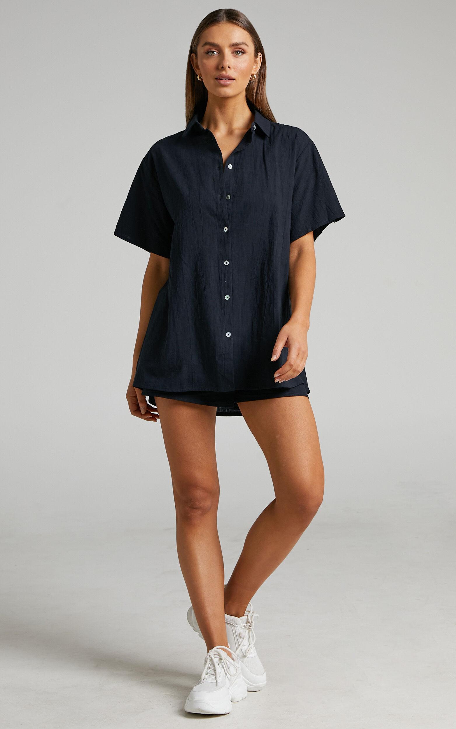 Vina Del Mar Two Piece Set - Linen Look Shirt and Shorts Set in Black Product Image