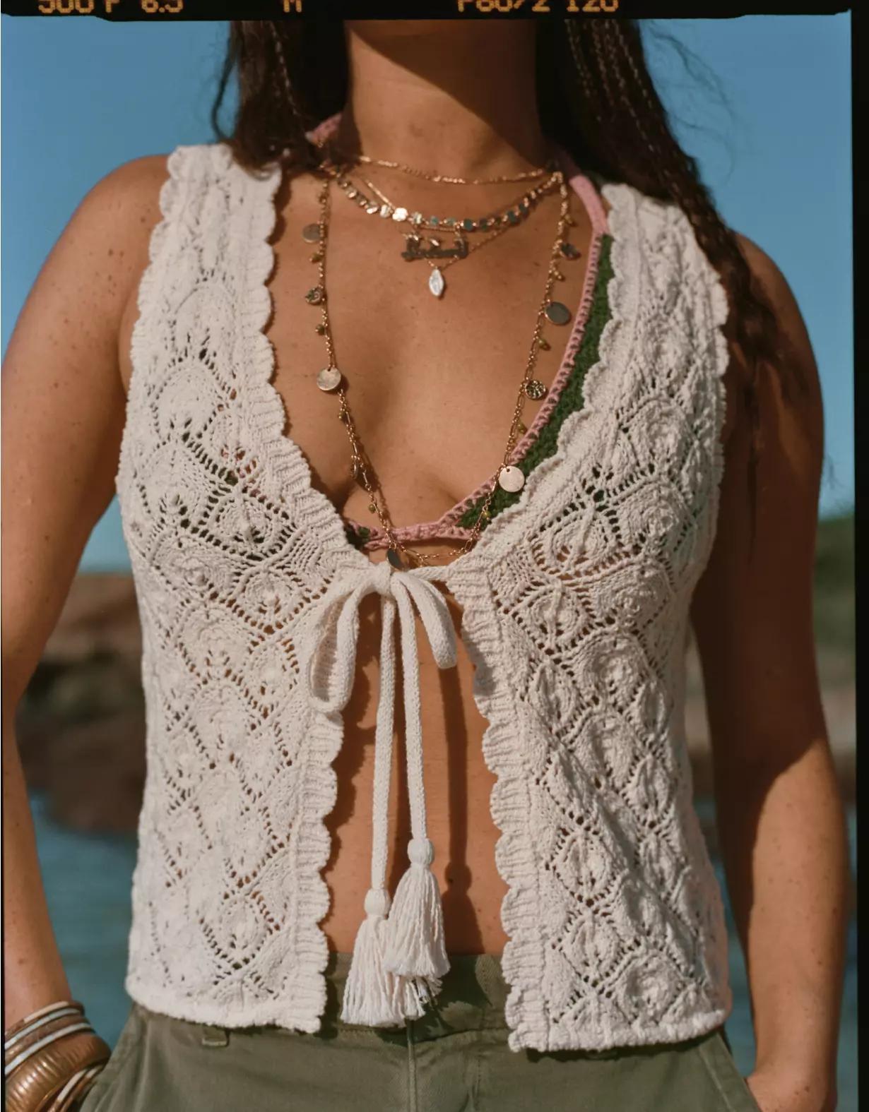 AE Tie Front Crochet Vest Product Image