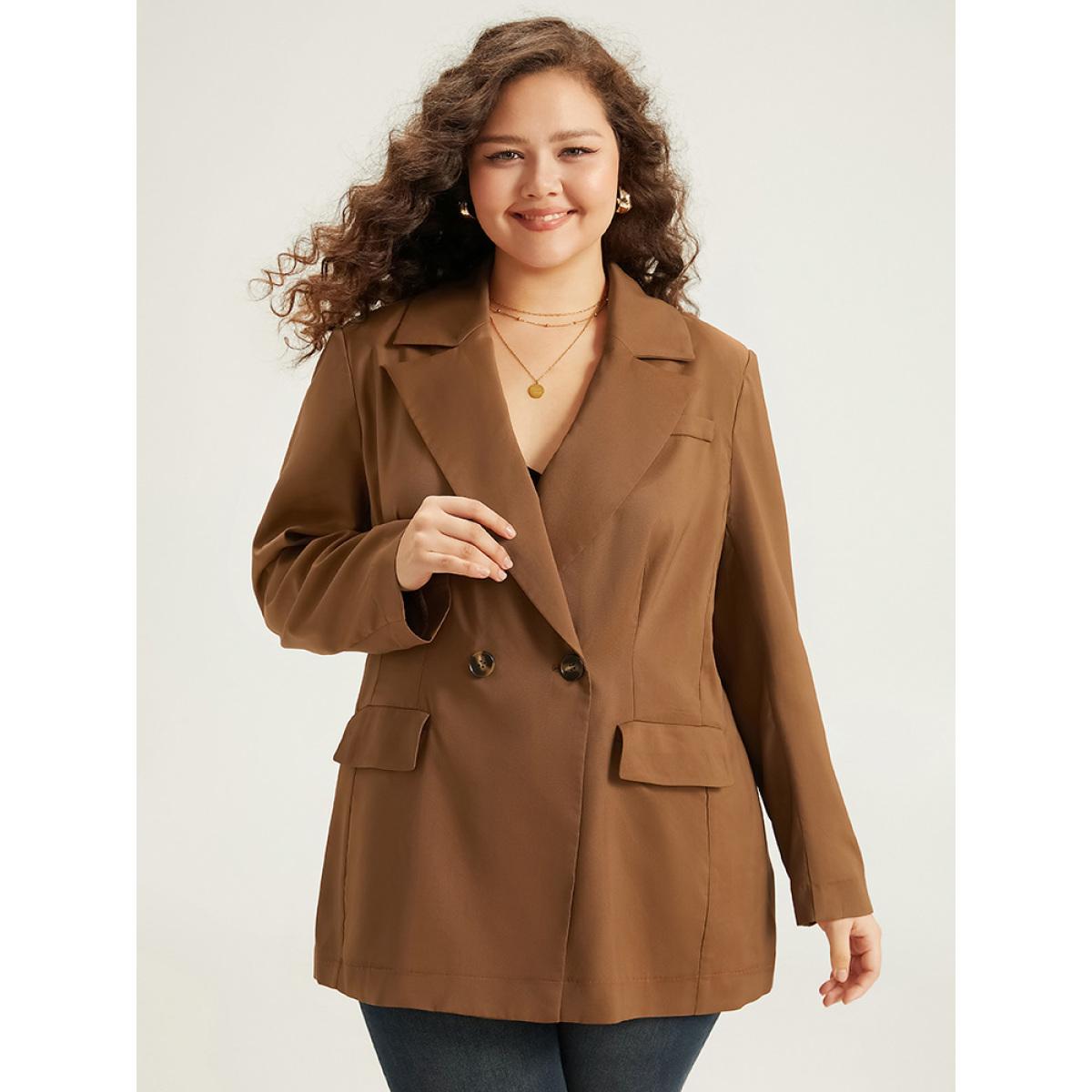 Plus Size Suit Collar Button Up Pocket Blazer DarkBrown Women Dailywear Plain Plain Sleeve Long Sleeve Suit Collar 10/M Pocket Casual Blazers BloomChic Product Image