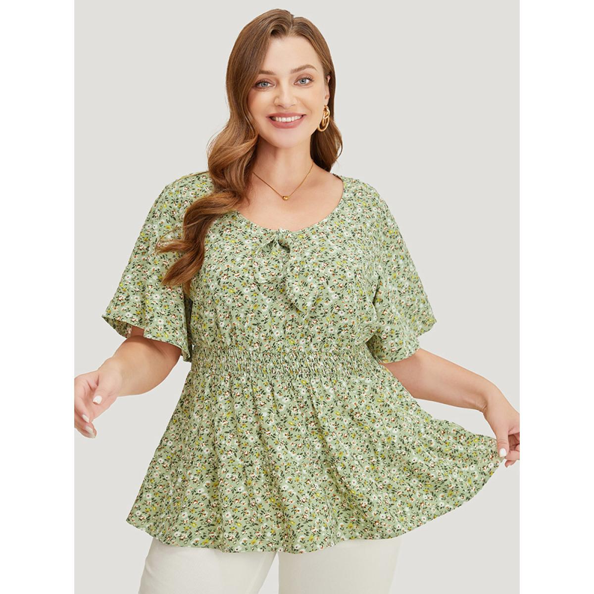 Plus Size Sage Ditsy Floral Knotted Crew Neck Shirred Ruffle Sleeve Blouse Women Elegant Short sleeve Round Neck Dailywear Blouses BloomChic 26/4X Product Image