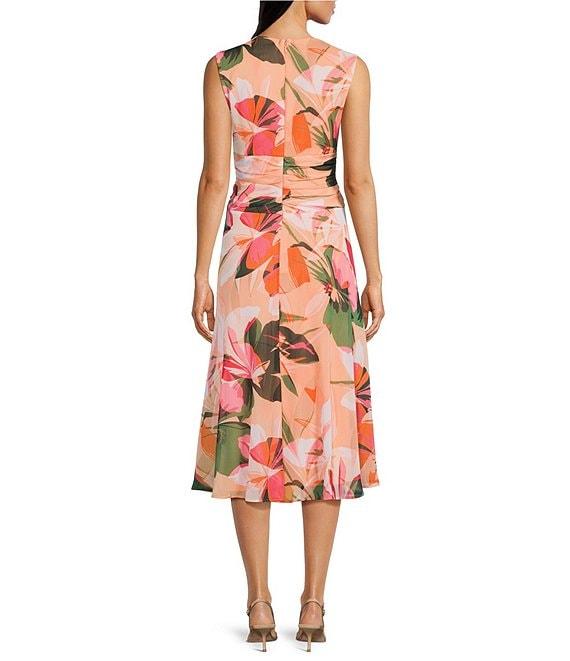 Calvin Klein Sleeveless Chiffon Crew Neck Floral Print A-Line Midi Dress Product Image