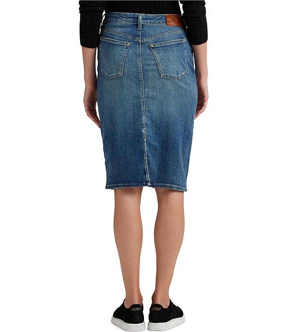 Lauren Ralph Lauren Sunset Indigo Wash Stretch Denim Mid Rise Pencil Skirt Product Image