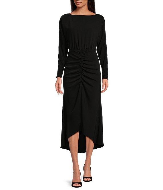 Trina Turk Behati Double Georgette Bateau Neck Long Sleeve Front Ruching Sheath Dress Product Image