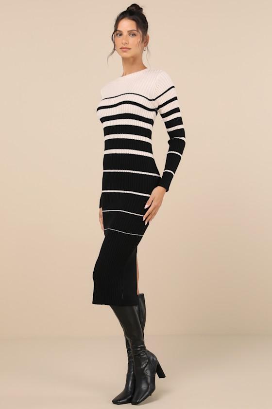 Seasonal Status Black and Ivory Striped Midi Sweater Dress Product Image