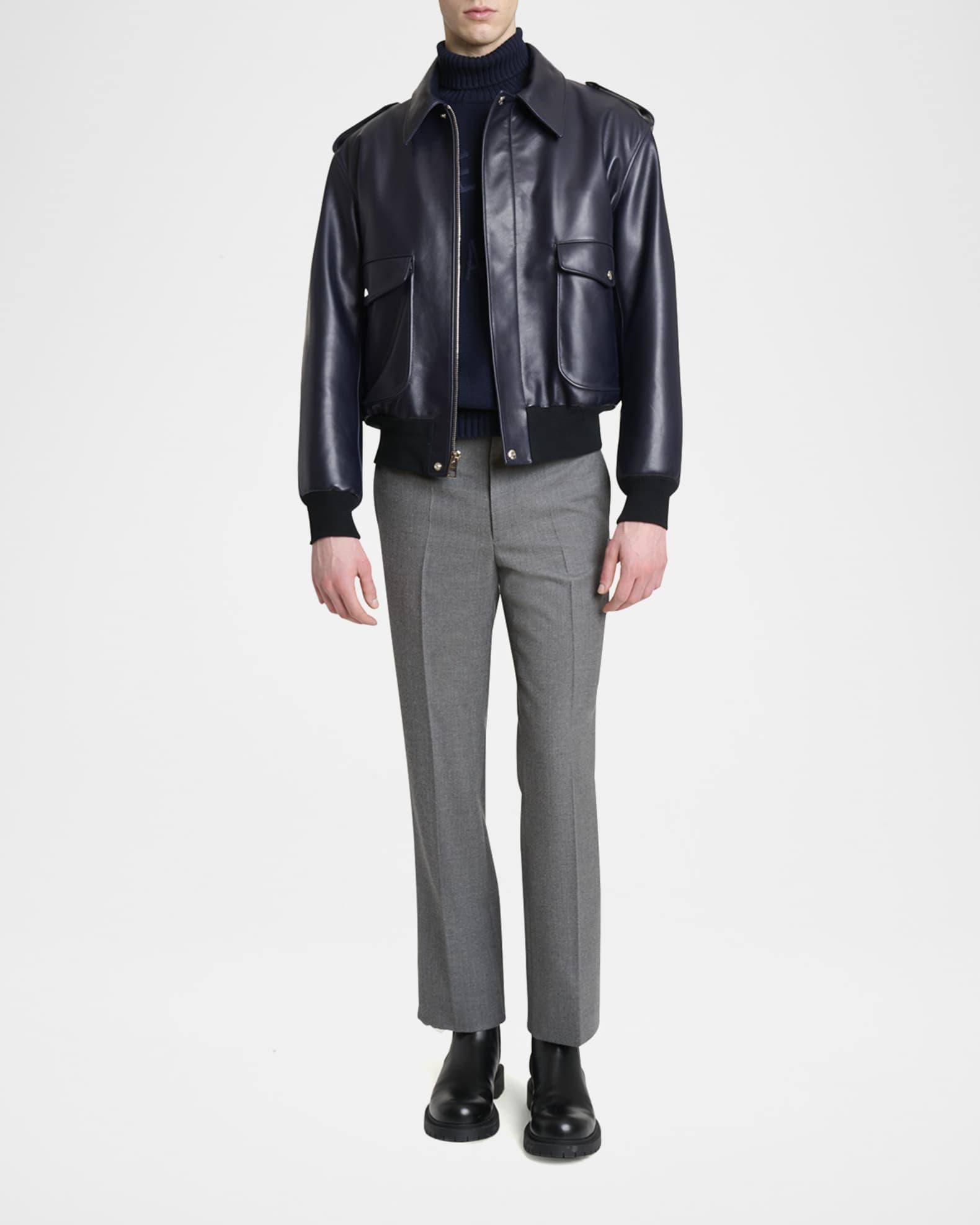 Men's Leather Concealed-Zip Bomber Jacket Product Image