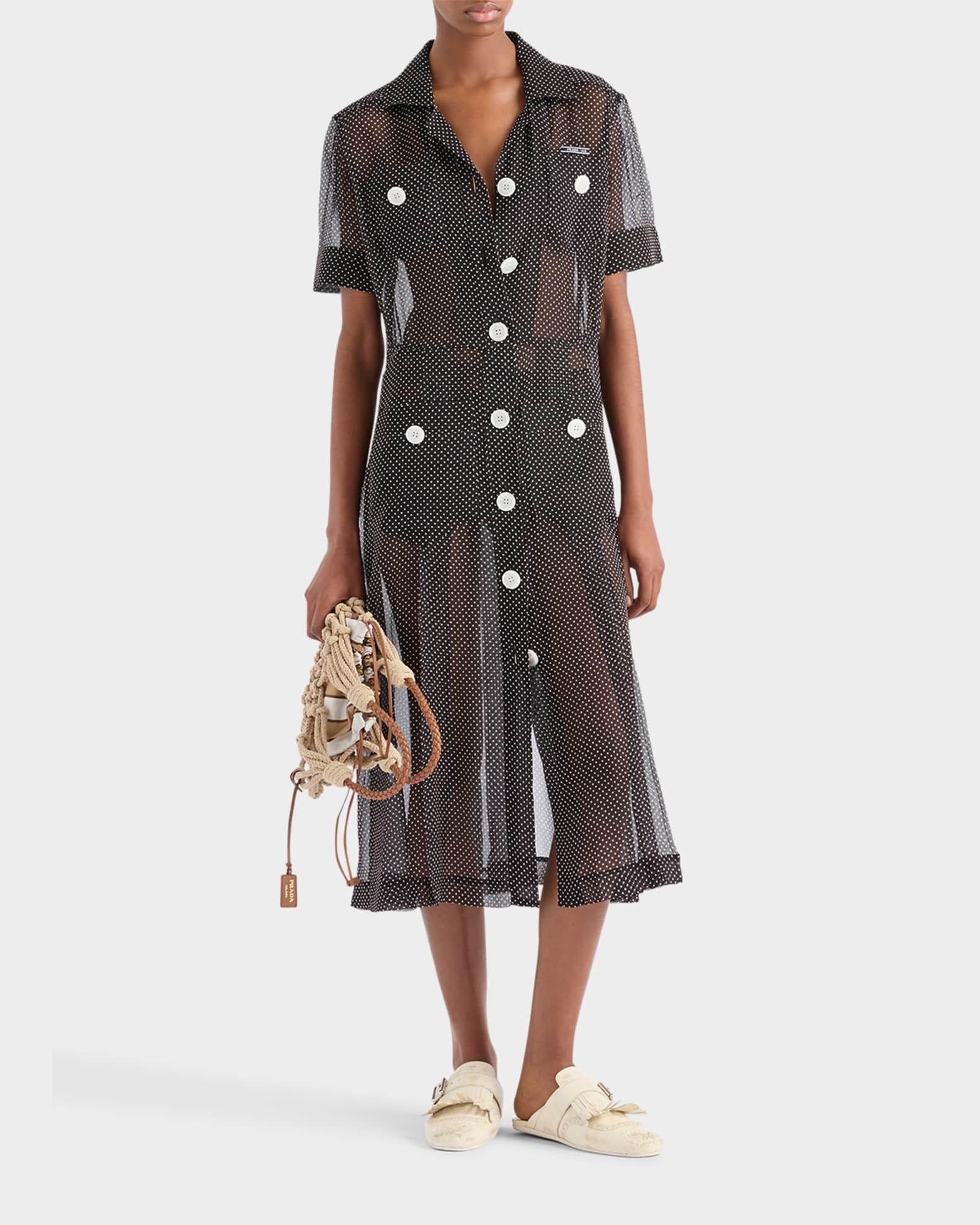 Polka-Dot Chiffon Short-Sleeve Midi Shirtdress Product Image