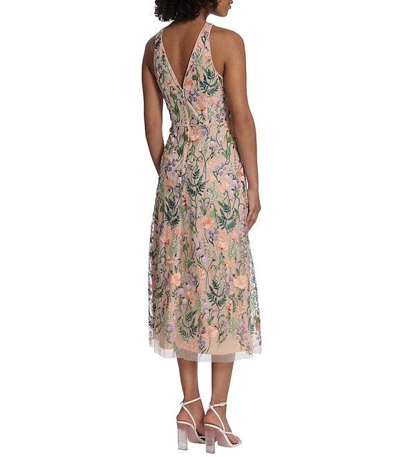 Maggy London Floral Embroidery Halter Neck Sleeveless Plunge Back Detail Midi Dress Product Image