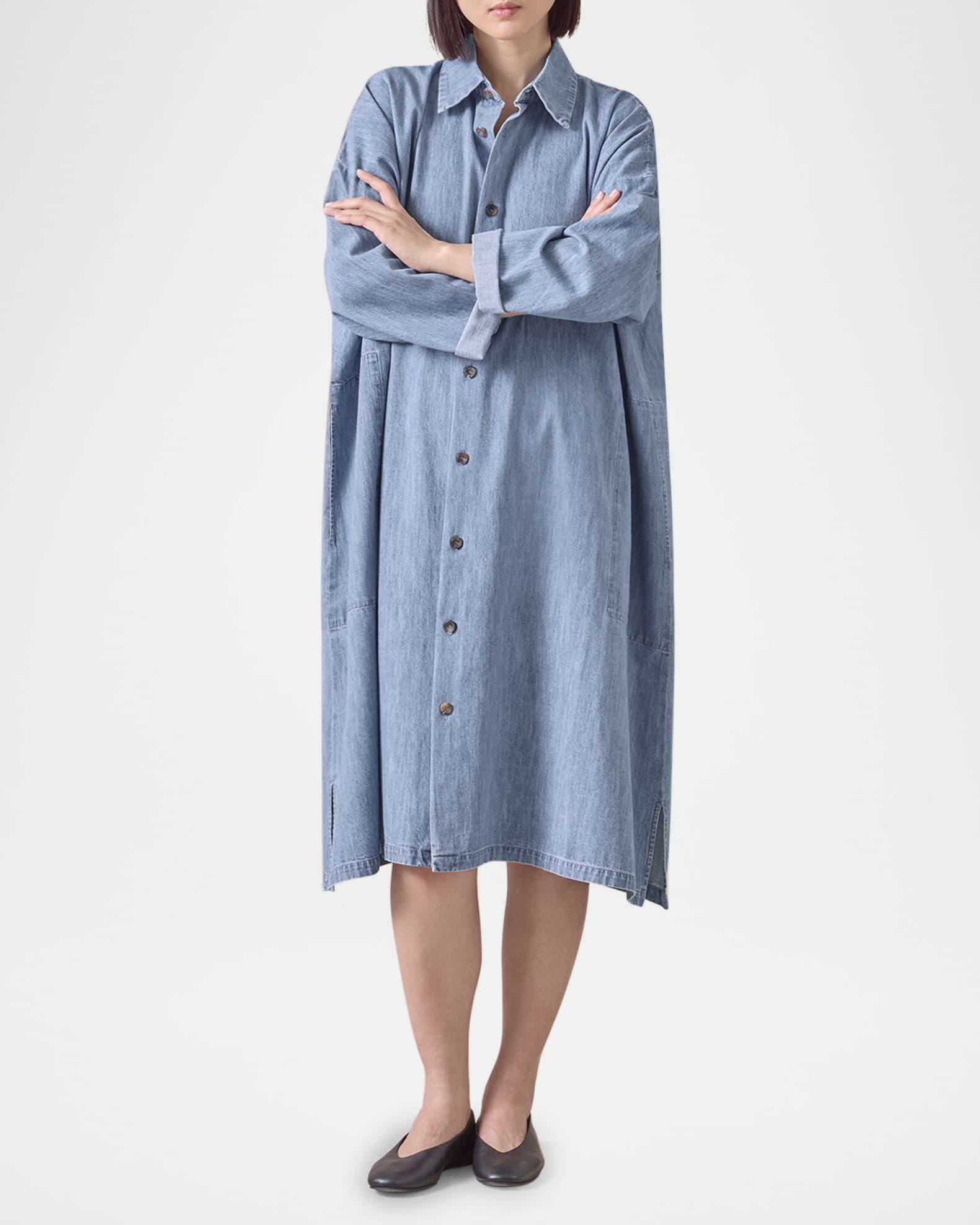 Denim Wide A-Line Back-Pleat Shirtdress With Collar Product Image