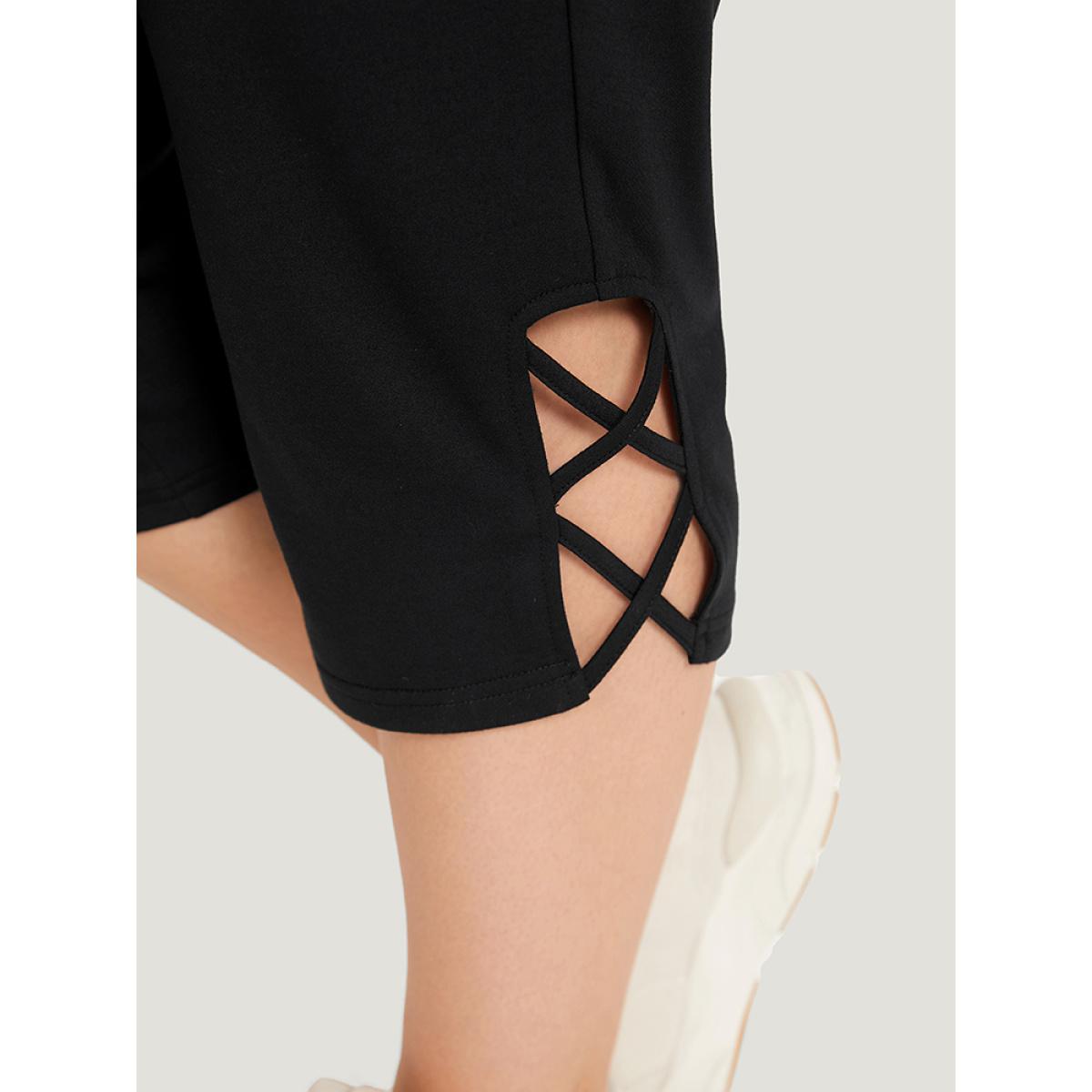 Plain Slant Pocket Crisscross Hem Skinny Sweatpants Black Plus Size Women Casual Dailywear Cross straps 14-16/1X Bloomchic Product Image