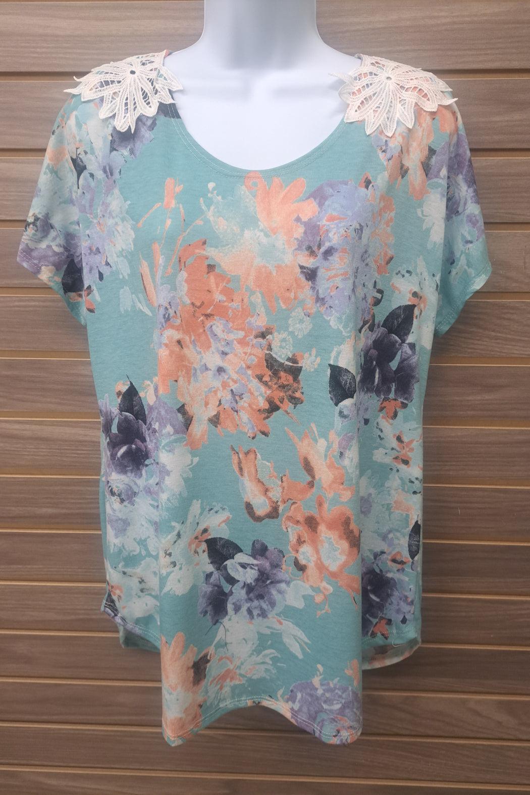 Blue floral lace ss tunic Product Image