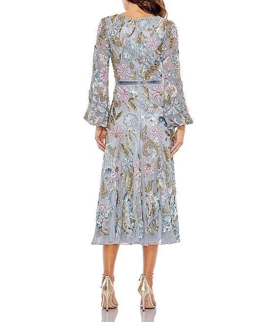 Mac Duggal Floral Embellished Mesh V-Neck Long Sleeve Midi Dress Product Image