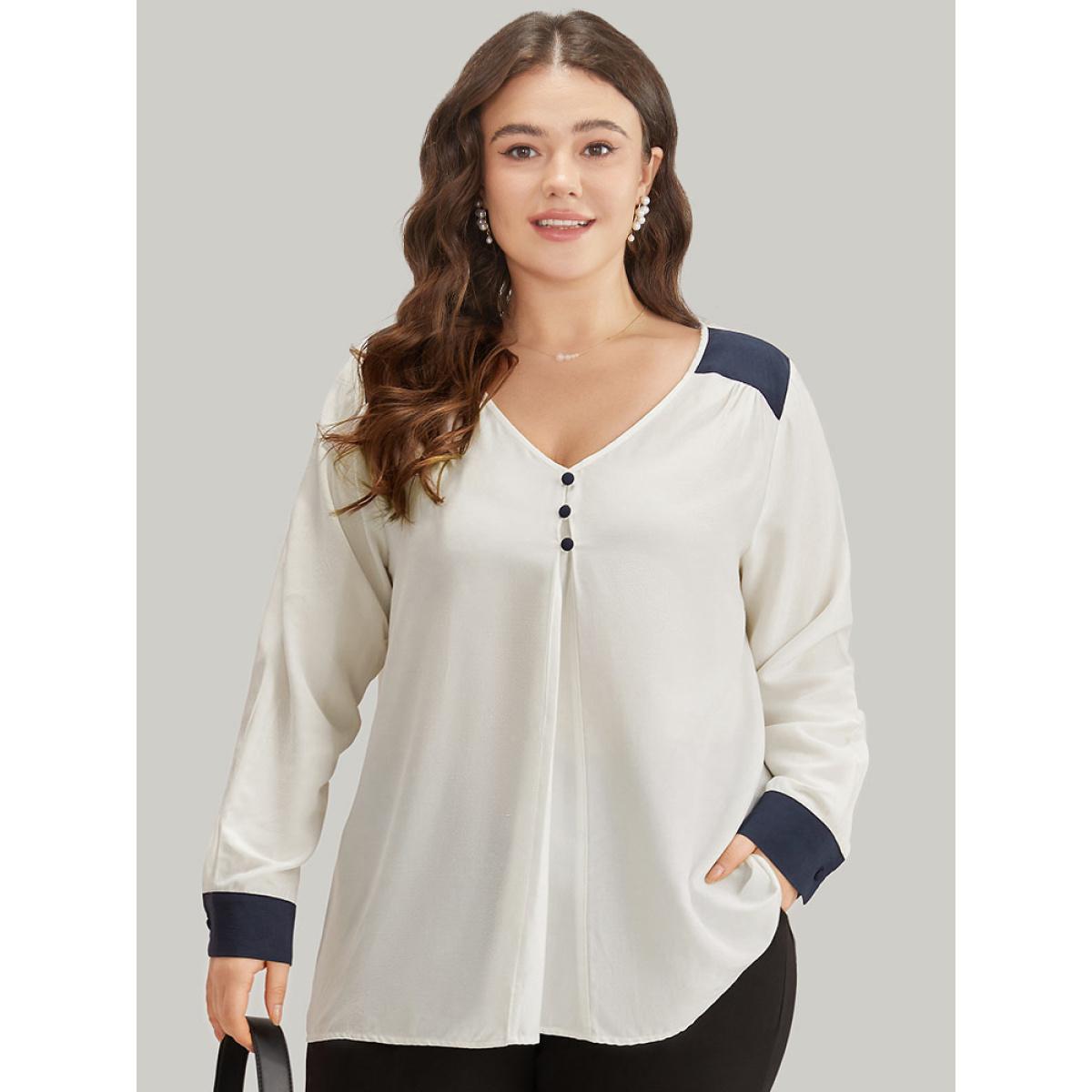 Plus Size Ivory Contrast Patchwork Plicated Button Detail Blouse Women Office Long Sleeve V-neck Work Blouses BloomChic 22-24/3X Product Image