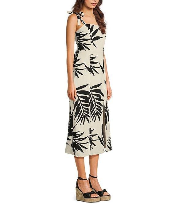 GB Tie Shoulder Tropical Palm Leaf Linen Blend Midi Dress Product Image