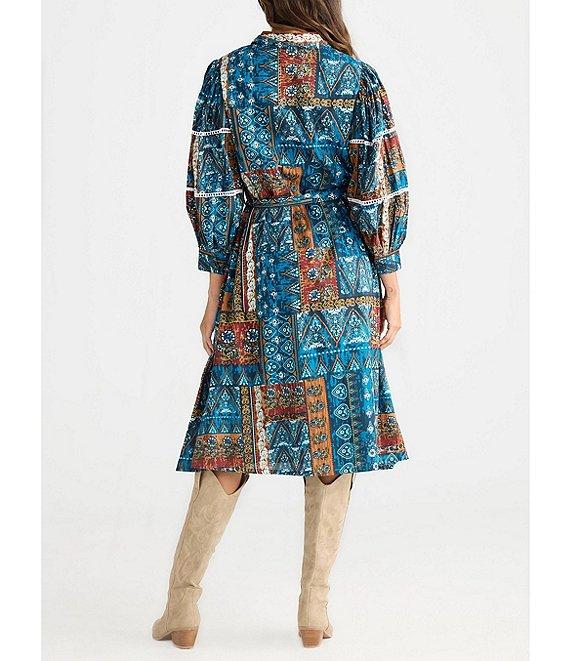 Talisman Castella Patchwork Button Down Collar Long Sleeve Belted Blouson Midi Dress Product Image